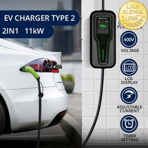 Qoltec Mobilna ładowarka do samochodu elektrycznego EV i hybryd z regulacją 2w1 Typ2 | 11kW | 3 Fazy | CEE 32A | LCD | Przenośna