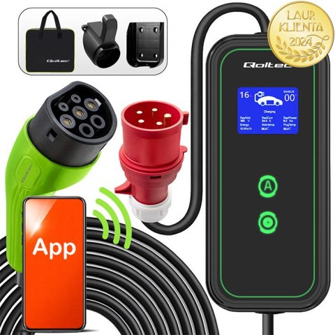 Qoltec Mobilna ładowarka do samochodu elektrycznego EV i hybryd z regulacją 2w1 Typ2 | 11kW | 400V | CEE 32A | Wi-fi | LCD | 3 