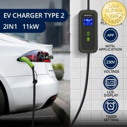 Qoltec Mobilna ładowarka do samochodu elektrycznego EV i hybryd z regulacją 2w1 Typ2 | 11kW | 400V | CEE 32A | Wi-fi | LCD | 3 