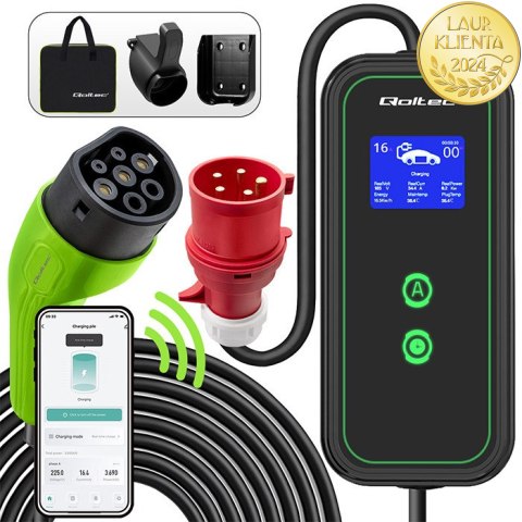 Qoltec Mobilna ładowarka do samochodu elektrycznego EV i hybryd z regulacją 2w1 Typ2 | 11kW | 400V | CEE 32A | Wi-fi | LCD | 3 
