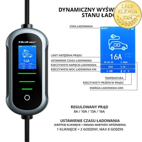 Qoltec Mobilna ładowarka do samochodu elektrycznego EV i hybryd z regulacją 2w1 Typ2 | 11kW | 400V | CEE 32A | Wi-fi | TUYA | SM