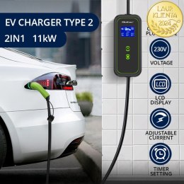 Qoltec Mobilna ładowarka do samochodu elektrycznego EV i hybryd z regulacją 2w1 Typ2 | 11kW | LCD | 3 fazy | CEE 32A | Przenośn