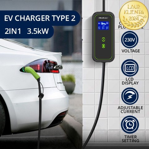 Qoltec Mobilna ładowarka do samochodu elektrycznego EV i hybryd z regulacją 2w1 Typ2 | 3.5kW | 230V | SCHUKO 16A | LCD | Przenoś