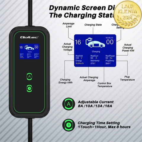 Qoltec Mobilna ładowarka do samochodu elektrycznego EV i hybryd z regulacją 2w1 Typ2 | 3.5kW | 230V | SCHUKO 16A | LCD | Przenoś