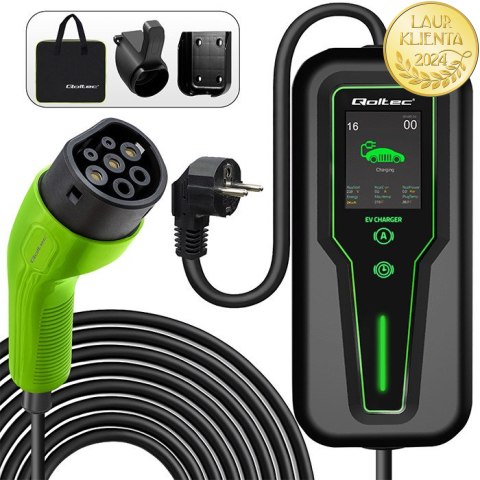 Qoltec Mobilna ładowarka do samochodu elektrycznego EV i hybryd z regulacją 2w1 Typ2 | 3.5kW | 230V | SCHUKO 16A | LCD | Przenoś