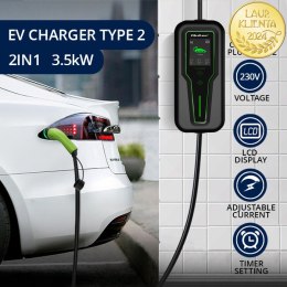 Qoltec Mobilna ładowarka do samochodu elektrycznego EV i hybryd z regulacją 2w1 Typ2 | 3.5kW | 230V | SCHUKO 16A | LCD | Przenoś