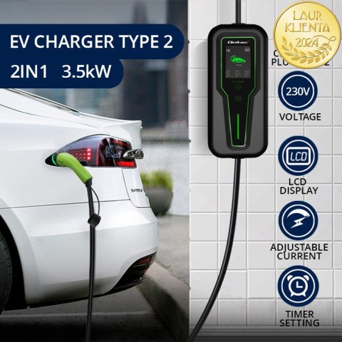 Qoltec Mobilna ładowarka do samochodu elektrycznego EV i hybryd z regulacją 2w1 Typ2 | 3.5kW | 230V | SCHUKO 16A | LCD | Przenoś