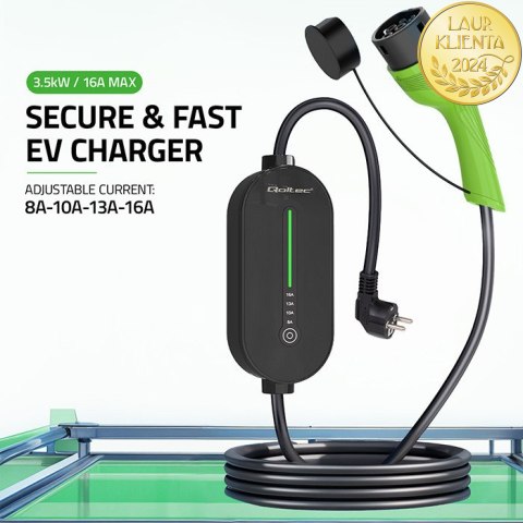 Qoltec Mobilna ładowarka do samochodu elektrycznego EV i hybryd z regulacją 2w1 Typ2 | 3.5kW | 230V | SCHUKO 16A | Wi-fi | TUYA 