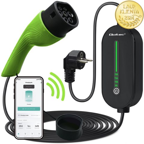 Qoltec Mobilna ładowarka do samochodu elektrycznego EV i hybryd z regulacją 2w1 Typ2 | 3.5kW | 230V | SCHUKO 16A | Wi-fi | TUYA 
