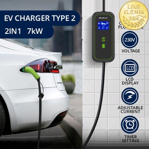 Qoltec Mobilna ładowarka do samochodu elektrycznego EV i hybryd z regulacją 2w1 Typ2 | 7kW | 230V | CEE 32A | LCD | Przenośna | 