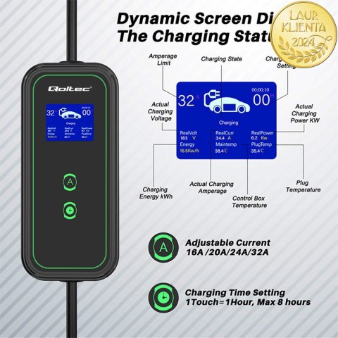 Qoltec Mobilna ładowarka do samochodu elektrycznego EV i hybryd z regulacją 2w1 Typ2 | 7kW | 230V | CEE 32A | LCD | Przenośna | 
