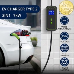 Qoltec Mobilna ładowarka do samochodu elektrycznego EV i hybryd z regulacją 2w1 Typ2 | 7kW | 230V | CEE 32A | Wi-fi| LCD | Przen