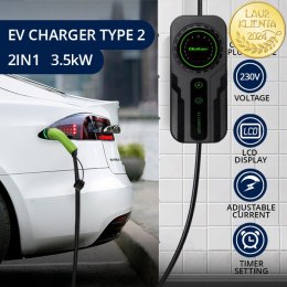 Qoltec Mobilna ładowarka do samochodu elektrycznego EV i hybryd z regulacją 2w1 Typ2 | SCHUKO 16A | 3.5kW | 230V | LCD | Przenoś