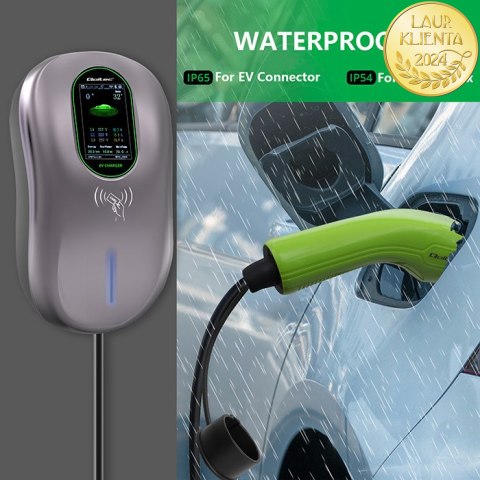 Qoltec Stacja ładowania EV Typ2 do samochodu elektrycznego i hybryd | 22kW | LCD | 2 Karty EV | 3 fazy | Wallbox | Hotel system 