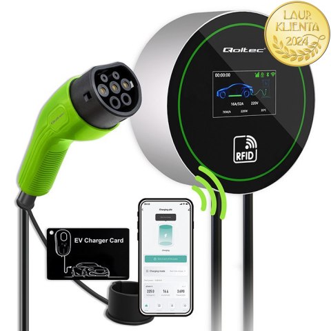 Qoltec Stacja ładowania EV Typ2 do samochodu elektrycznego i hybryd | 22kW | Wi-fi| | LCD | 3 fazy | Wallbox | Smart life | RFI