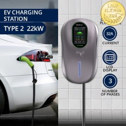 Qoltec Stacja ładowania EV Typ2 do samochodu elektrycznego i hybryd | 22kW | Wi-fi| Smart life | LCD | RFID | 3 fazy | Wallbox |