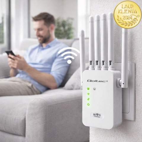 Qoltec Wzmacniacz sygnału WiFi 5 | Repeater | Access Point | AC1200 | 6 Anten | 2x RJ45 | 128MB