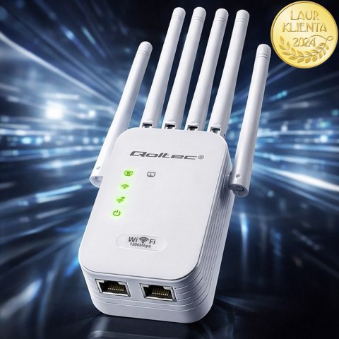 Qoltec Wzmacniacz sygnału WiFi 5 | Repeater | Access Point | AC1200 | 6 Anten | 2x RJ45 | 128MB