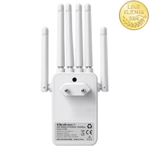 Qoltec Wzmacniacz sygnału WiFi 5 | Repeater | Access Point | AC1200 | 6 Anten | 2x RJ45 | 128MB