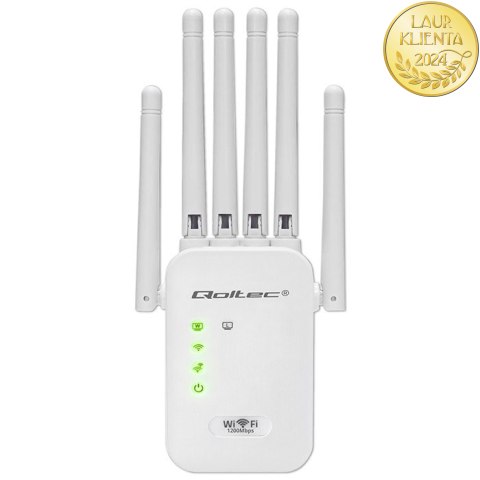 Qoltec Wzmacniacz sygnału WiFi 5 | Repeater | Access Point | AC1200 | 6 Anten | 2x RJ45 | 128MB