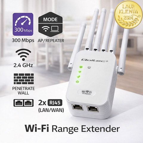 Qoltec Wzmacniacz sygnału WiFi | Repeater | Access Point | N300 | 6 anten | 2x RJ45