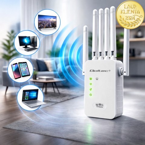 Qoltec Wzmacniacz sygnału WiFi | Repeater | Access Point | N300 | 6 anten | 2x RJ45