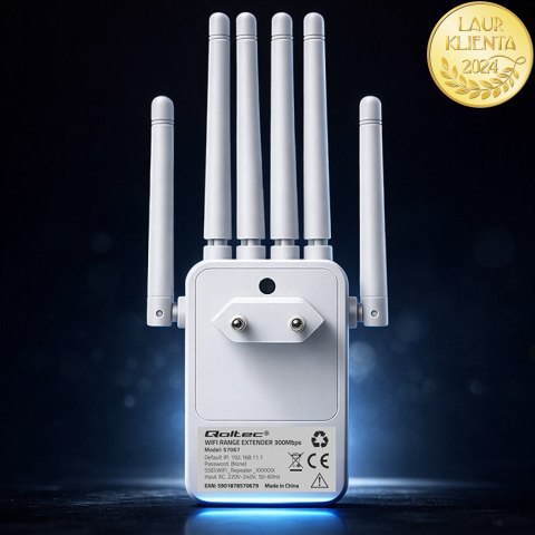 Qoltec Wzmacniacz sygnału WiFi | Repeater | Access Point | N300 | 6 anten | 2x RJ45