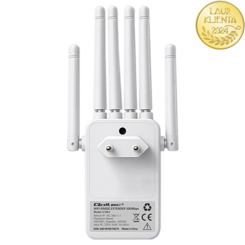 Qoltec Wzmacniacz sygnału WiFi | Repeater | Access Point | N300 | 6 anten | 2x RJ45