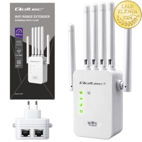 Qoltec Wzmacniacz sygnału WiFi | Repeater | Access Point | N300 | 6 anten | 2x RJ45