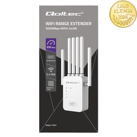 Qoltec Wzmacniacz sygnału WiFi | Repeater | Access Point | N300 | 6 anten | 2x RJ45