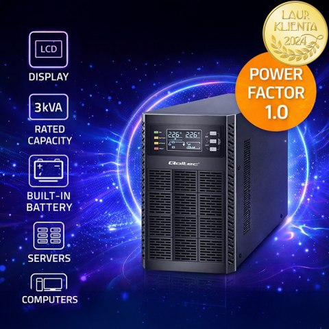 Qoltec Zasilacz awaryjny UPS | 3kVA | 3000W | Power Factor 1.0 | LCD | EPO | USB | On-line
