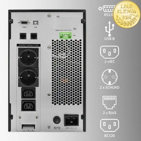 Qoltec Zasilacz awaryjny UPS | 3kVA | 3000W | Power Factor 1.0 | LCD | EPO | USB | On-line