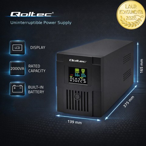 Qoltec Zasilacz awaryjny UPS Line Interactive | Monolith | 2000VA | 1200W | LCD | USB | RJ45