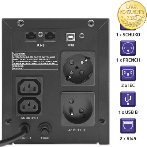 Qoltec Zasilacz awaryjny UPS Line Interactive | Monolith | 2000VA | 1200W | LCD | USB | RJ45