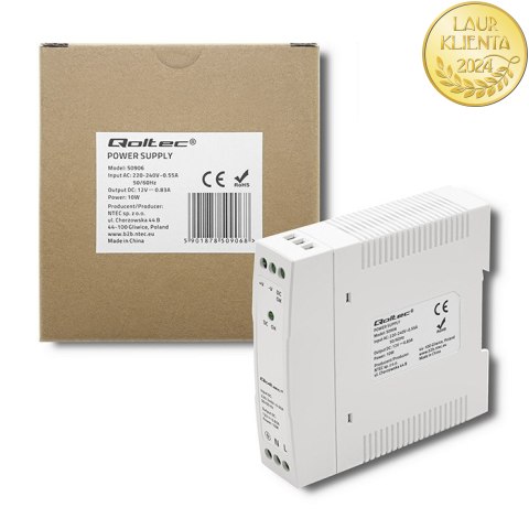 Qoltec Zasilacz na szynę DIN | 10W | 12V | 0.83A | Biały | Slim