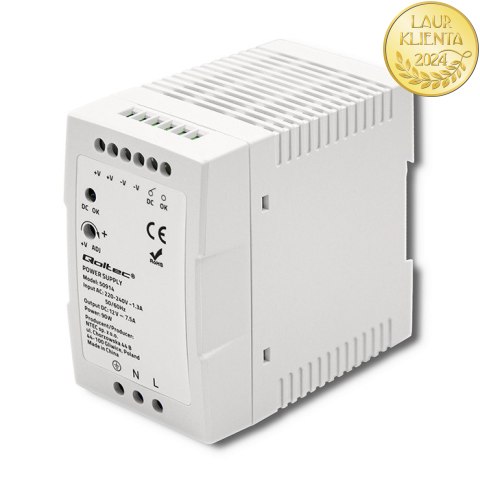 Qoltec Zasilacz na szynę DIN | 90W | 12V | 7.5A | Biały | Slim
