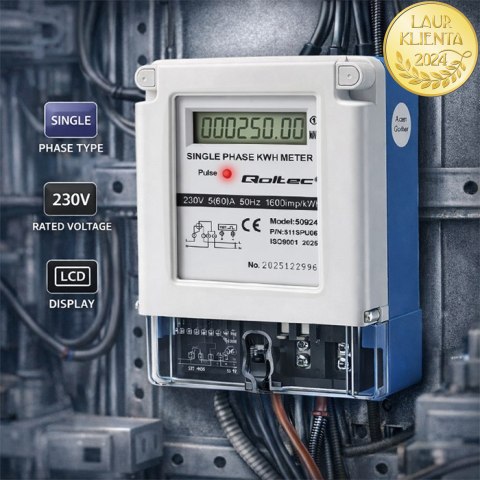 Qoltec Jednofazowy elektroniczny licznik prądu | miernik zużycia energii | 230V | 5(60)A | LCD