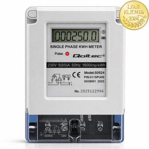 Qoltec Jednofazowy elektroniczny licznik prądu | miernik zużycia energii | 230V | 5(60)A | LCD