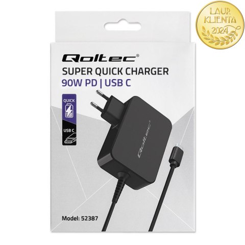Qoltec Ładowarka GaN POWER PRO | 1xUSB-C | 90W | 5-20V | 3-4.5A | Laptop | Smartfon | Czarna