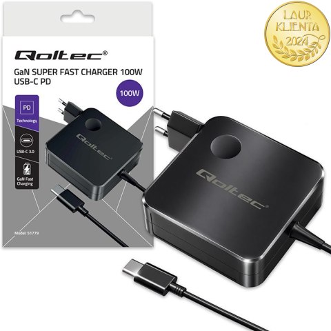 Qoltec Ładowarka sieciowa GaN Super Fast 100W | USB-C PD | 5-20V | 3-5A | Laptop | MacBook | Smartfon | kabel 1.8m