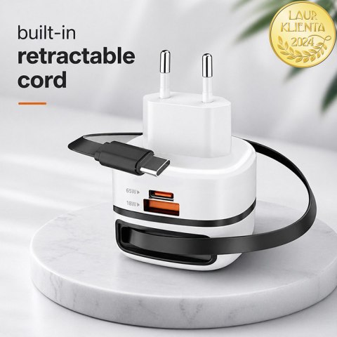 Qoltec Ładowarka sieciowa GaN Super Fast 65W | USB-C PD PPS | 5-20V | 3-3.25A | Laptop | MacBook | Smartfon | wysuwany kabel