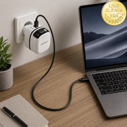 Qoltec Ładowarka sieciowa GaN Super Fast 65W | USB-C PD PPS | 5-20V | 3-3.25A | Laptop | MacBook | Smartfon | wysuwany kabel