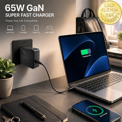 Qoltec Ładowarka sieciowa GaN Super Fast 65W | USB-C PD PPS | 5-21V | 3-3.25A | Laptop | MacBook | Smartfon | kabel 1.8m