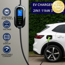 Qoltec Mobilna ładowarka do samochodu elektrycznego EV i hybryd z regulacją 2w1 Typ2 | 11kW | 400V | CEE 16A | Wi-fi | TUYA | SM