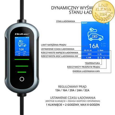 Qoltec Mobilna ładowarka do samochodu elektrycznego EV i hybryd z regulacją 2w1 Typ2 | 7kW | 230V | CEE 32A | Wi-fi | TUYA | SMA