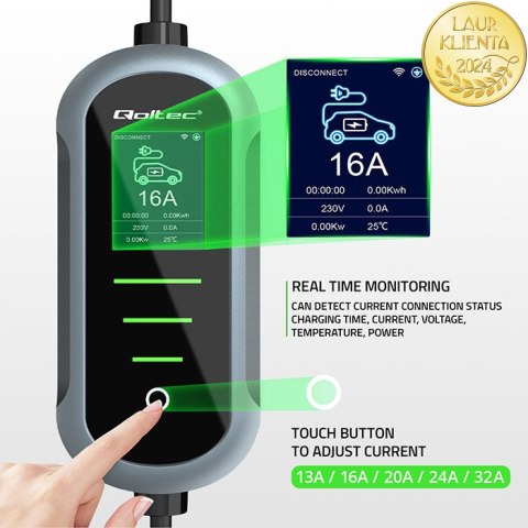 Qoltec Mobilna ładowarka do samochodu elektrycznego EV i hybryd z regulacją 2w1 Typ2 | 7kW | 230V | CEE 32A | Wi-fi | TUYA | SMA