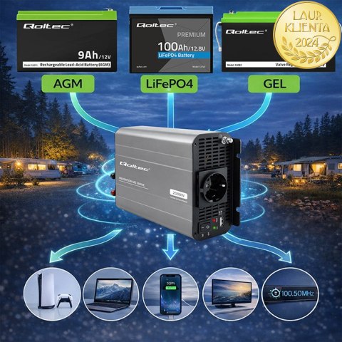 Qoltec Przetwornica napięcia MS Wave | 12V na 230V | 1000/2000W | USB | Kompatybilna z LiFePO4 GEL AGM