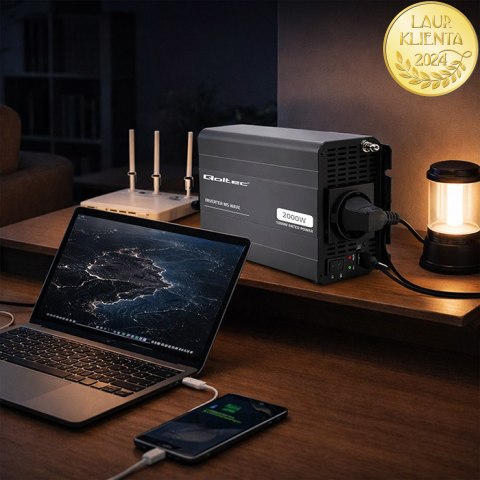 Qoltec Przetwornica napięcia MS Wave | 12V na 230V | 1000/2000W | USB | Kompatybilna z LiFePO4 GEL AGM