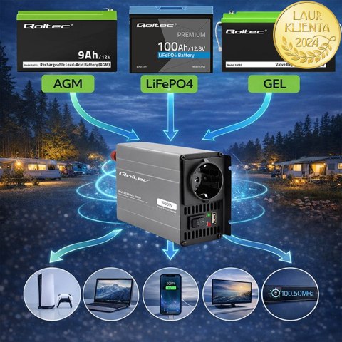 Qoltec Przetwornica napięcia MS Wave | 12V na 230V | 300/600W | USB | Kompatybilna z LiFePO4 GEL AGM