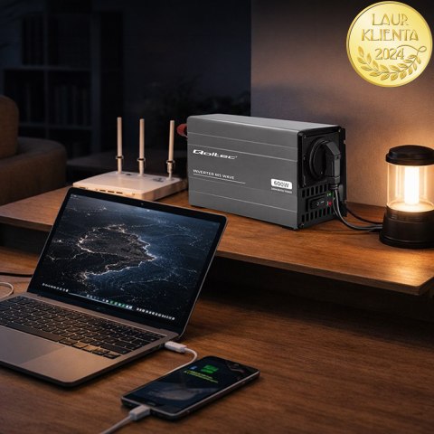 Qoltec Przetwornica napięcia MS Wave | 12V na 230V | 300/600W | USB | Kompatybilna z LiFePO4 GEL AGM
